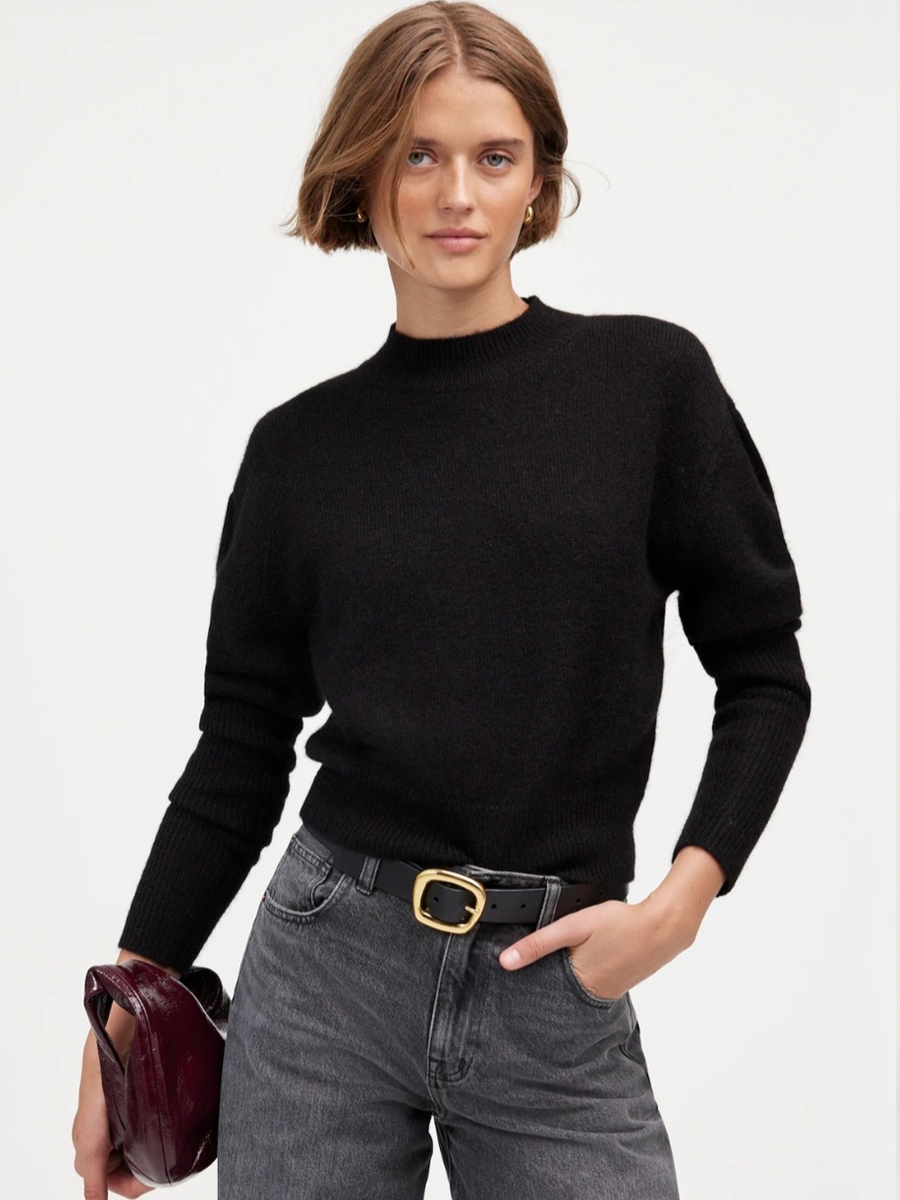 NWT Madewell Alpaca Blend Mockneck Puff Sleeve Sweater Black XS